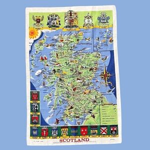 Vintage Map of Scotland Linen Souvenir Wall Hanging Tapestry Decor Tea Towel